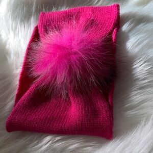 Saks Fifth Ave Sherry Cassin Bright Pink 100% Wool Fox Fur Pompom Headband